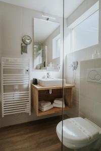 罗斯科夫Hôtel Aux Tamaris - Vue Mer的一间带水槽、卫生间和镜子的浴室