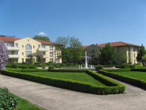 拉德博伊尔德累斯顿拉德博伊尔城市酒店的公园里一排有建筑物的山 ⁇ 