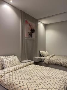 阿吉曼AB Villa的卧室配有两张床,墙上挂着一幅画