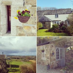 卡姆尔福德Mayrose Cottage, Charming Cornish Cottage for the perfect escape...的石头房子三张照片,有一篮花