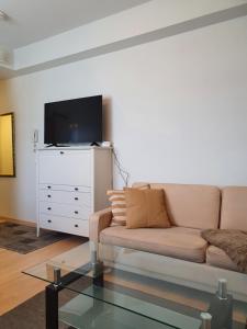 波里Moderni, viihtyisä pikkukaksio saunalla的带沙发和电视的客厅