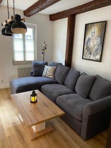 哈尔伯施塔特Kleines Harztor的客厅配有蓝色的沙发和木桌