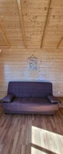 El Pinar del HierroLas casitas de Pao的配有木制天花板的客房内的紫色沙发