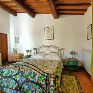 圣吉米纳诺B&B Il Fienile San Gimignano的一间带一张床的卧室,位于带木制天花板的房间内
