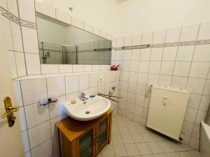 茨维考"Glück auf" Lichtdurchflutete schicke Ferienwohnung in Zwickau的一间带水槽和镜子的浴室