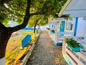 穆里吉奥尔Manu B&B的一排房子,有蓝色的栅栏和一棵树