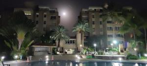 PampatarSerena apartamento vacacional的棕榈树的夜间酒店景色