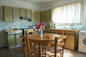 尼科西亚Experience Nicosia的厨房配有木桌、椅子和水槽