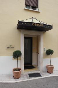 罗马奥斯玛尔酒店的两棵盆栽树,坐在一座建筑前面