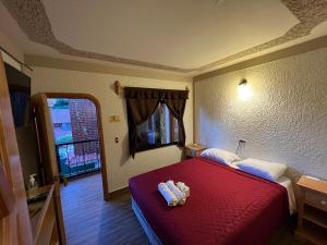 帕纳哈切尔Posada don Miguel的酒店客房设有红色的床和窗户。