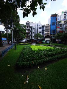 胡志明市Brand New Cozy Home in D1 wBalcony的一座绿草成荫的公园和建筑