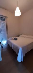 贝加莫CASA VACANZA IL BALCONCINO的一间卧室配有一张带白色毯子的大床