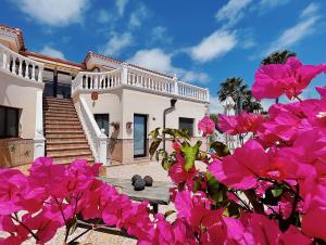 阿德耶CASANTILVIA heated pool paradise的前面有粉红色花的房子