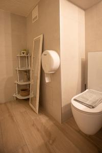 洛桑Studio SIEVA的一间带白色卫生间和架子的浴室