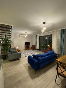 特拉布宗Sky Villa Hisar的客厅配有2张蓝色沙发和1台电视