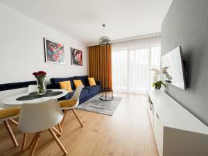 弗罗茨瓦夫Dream4You Apartments的客厅配有蓝色的沙发和桌子