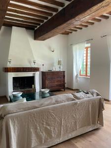 阿尔比尼娅L'Antico casale dell'800的一间卧室设有一张大床和一个壁炉