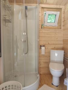 Domek mazurski ze świerka syberyjskiego z klimatyzacją的一间浴室