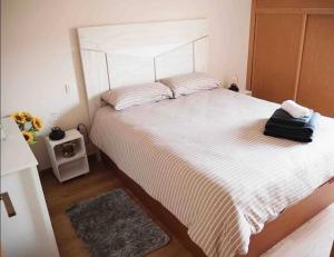 韦斯卡Ático Guara&Pirineos的一间卧室配有一张带白色床罩的大床