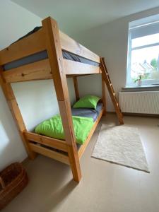 利希滕斯泰因Geräumige Ferienwohnung im Grünen的配有绿色枕头的客房内的双层床