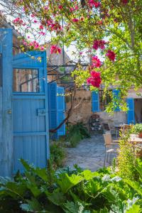 锡内乌萨卡萨罗特加酒店的花园里的开放式蓝色门,花朵粉红色