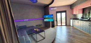 干尼亚Nina Apartment的客厅配有蓝色的沙发和电视