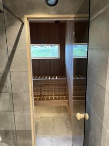 布拉纳斯Brand new mountain cabin的浴室设有步入式淋浴间和窗户