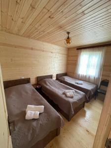 卡兹贝吉Warm House的小木屋内带两张床的房间