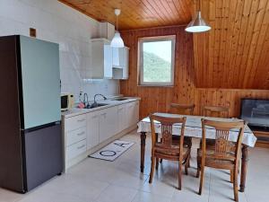 南海郡Namhae German Village Johannes的厨房配有桌椅和冰箱。