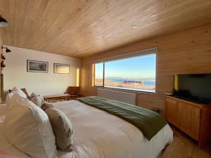 纳塔列斯港Line Hotel Patagonia的一间卧室设有一张大床和一个大窗户
