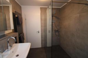 施马伦贝格Maisonette-Wohnung Oststraße 37的带淋浴和水槽的浴室以及玻璃门。