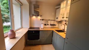 尤尔马拉Your Space in Jurmala的厨房配有白色橱柜、水槽和窗户。