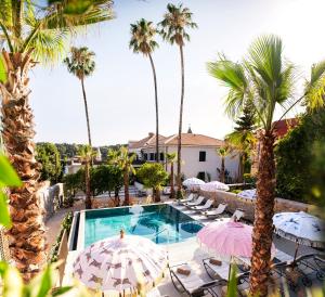 察夫塔特Hotel Supetar的一个带椅子和遮阳伞的游泳池以及棕榈树