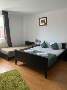 特尔古穆列什Pensiunea Viena的一间卧室配有一张大床和绿色地毯。