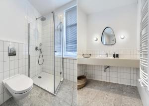 索波特Pure Apartment Sopot的浴室设有卫生间和淋浴,两幅图片