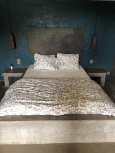 杜柏乡村别墅酒店的卧室内的一张大床,卧室内有蓝色的墙壁