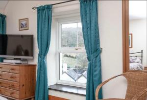 林顿The Annex Rose Cottage的一间卧室配有蓝色窗帘和窗户