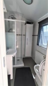 BiggekerkeMooi Chalet voor een Top Vakantie aan Zee的白色的浴室设有水槽和卫生间。