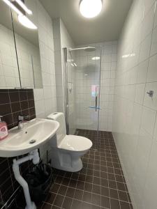韦斯特罗斯Rocklunda Village的浴室配有卫生间、盥洗盆和淋浴。