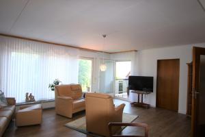 DriedorfFerienwohnung Zum Rosengarten WEST015 Westerwald的客厅配有沙发、椅子和电视