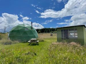 阿贝尔格莱Pant y Rhedyn Glamping and camping site的田野上的帐篷和野餐桌