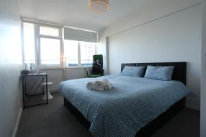 伦敦Lovely two bedroom apartment in London Old Street的卧室里有一只狗躺在床上