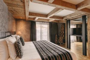 蒂涅Les Suites – Maison Bouvier的一间卧室配有一张床和一台平面电视
