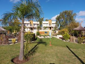 Gualeguaychú特拉里奥宾馆的一座棕榈树,在院子里,有一座建筑的背景