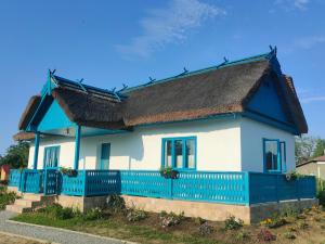 GorgovaGorgova Delta Village的蓝色和白色的房子,带有蓝色的栅栏