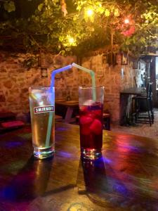 安塔利亚Kuyu Beergarden Hostel的木桌旁放着两杯饮料