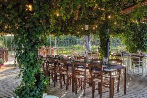 马焦内卡萨迪坎帕格纳酒店的一间带桌椅和藤蔓的餐厅