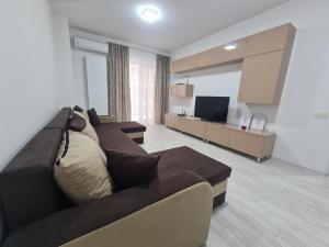 布加勒斯特Apartament Moghioros Park Residence DUM1的客厅配有棕色沙发和电视