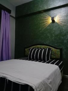 波德申GLORY Beach Resort private 2 bedroom apartment的一间卧室配有一张带绿色墙壁的床