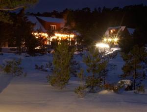 KalanaKaluri Guesthouse的夜晚雪中灯火通明的房子